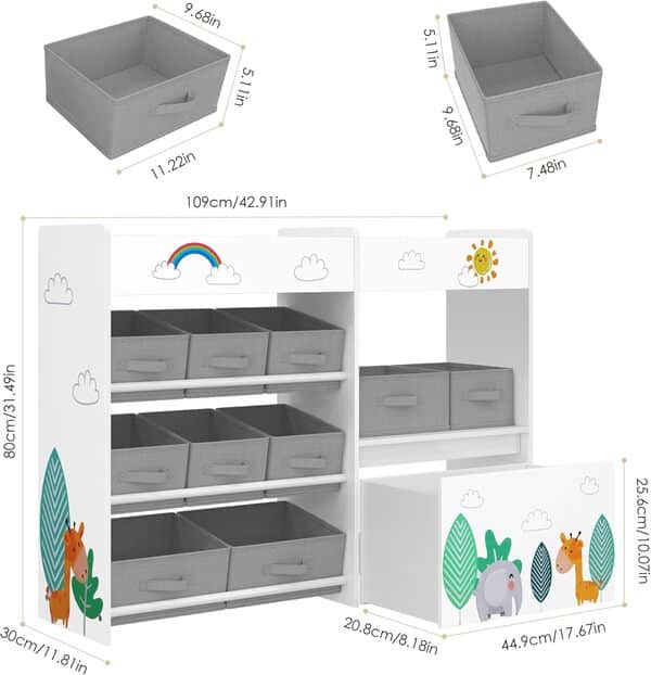 HOCSOK Étagère de Rangement pour Jouets Enfants, Meuble de Rangement Jouets avec 10 Boîtes, Coffre à Jouets avec roulettes, Chambre d’Enfant, Salle de Jeux, Garderie, École, Blanc, 109x30x80cm