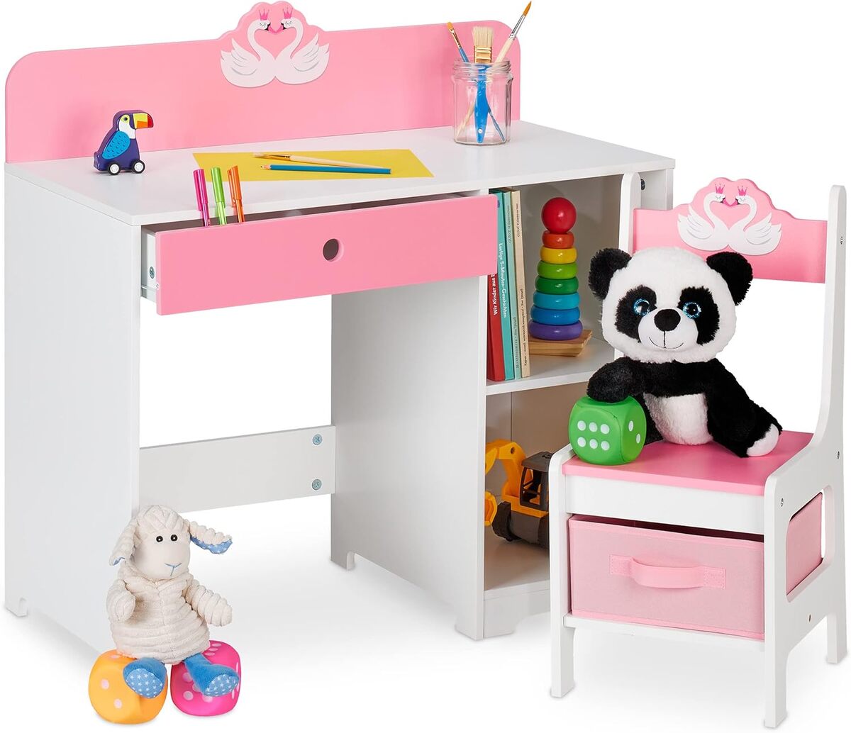 Test : relaxdays bureau et chaise enfants, cygne rose-blanc
