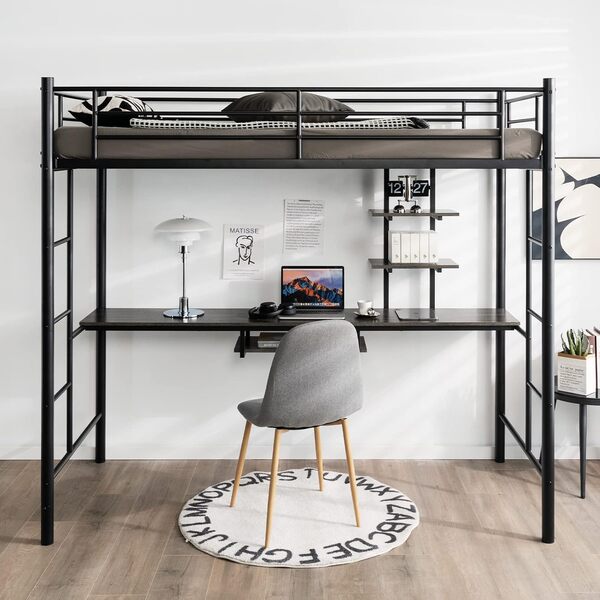 COSTWAY Lit Mezzanine en Métal avec Bureau, 2 Étagères et 2 Echelles, Lit pour Enfants et Adultes avec Lattes en Métal et Garde-Corps, pour Matelas de 90 x 190 cm (Noir)