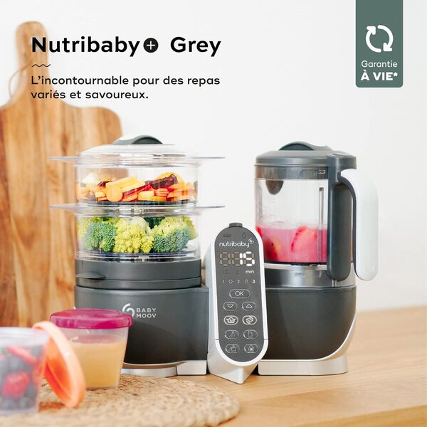 Babymoov Nutribaby(+), Robot Cuiseur Bébé Multifonctions 6 en 1, Cuiseur Vapeur Mixeur, Grande Capacité 2,2L, Petits Pots Bébé Faits Maison, Idéal Diversification Alimentaire, Gris
