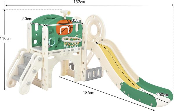Toboggan pour enfant 5 en 1 pour l'intérieur et l'extérieur à partir de 1 à 6 ans, aire de jeu pour enfants avec long toboggan, boîte de rangement, tunnel, échelle d'escalier, panier de basket et zone