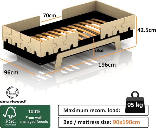 smartwood Lit Enfant avec Garde-Corps Puzzle BR2 lit avec sommier à Lattes - Meubles de Chambre d'enfant - lit Enfant avec Barriere - différentes Variantes - Noir - 90x190cm