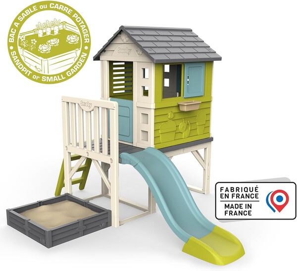 Smoby - Maison Pilotis Square - Cabane de Jardin Enfant - Toboggan + Echelle - Bac à Sable/Carré Potager - 810801