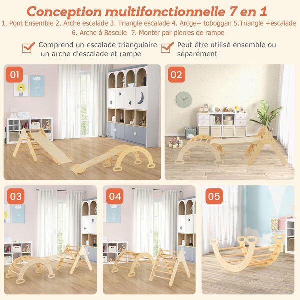 GOPLUS 7 en 1 Triangle Arche Montessori, Arche d'escalade Enfants avec Toboggan Bois,Rampe, Échelle Réglable, Charge 50KG, pour Tout-Petits Bébé 1 Ans+(Naturel)