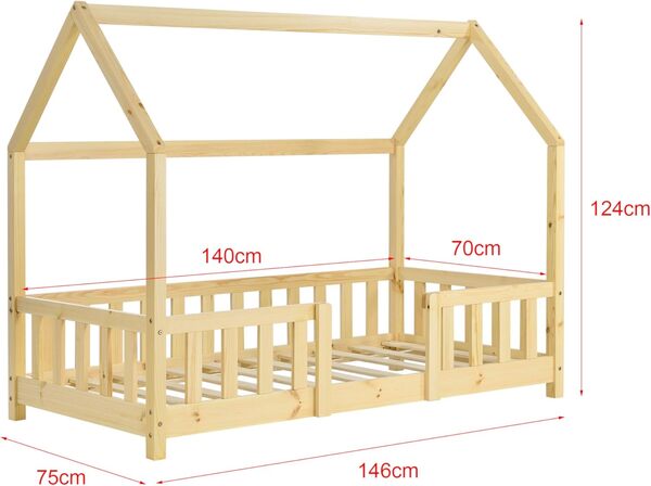 [en.casa] Lit d'enfant Design Forme Maison Construction Robuste Lit Cabane avec Grille de Protection Capacité de Charge 50 kg Bois de Pin Contreplaqué 140 x 70 cm Naturel