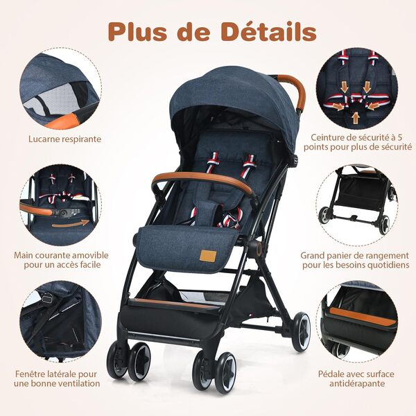 COSTWAY Poussette Canne Bébé 6-36 Mois(Charge 15 kg) avec Dossier & Repose-pieds Réglables, Pliable à une Main, Pousette Compact et Légère Voyage avec Auvent & Moustiquaire, Roues Antidérapants