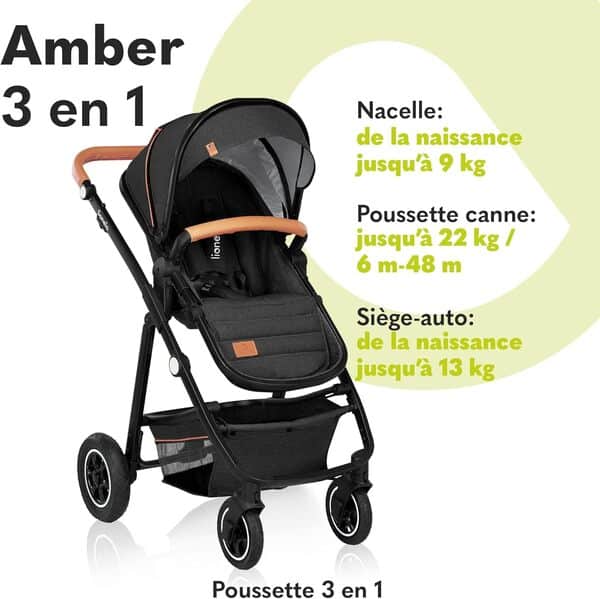 LIONELO Amber 3 in 1 poussette multifonctionnellle, landau, ensemble poussette avec siège sport et nacelle fixe, sac, moustiquaire, couvrir, feuille de pluie mit siege auto