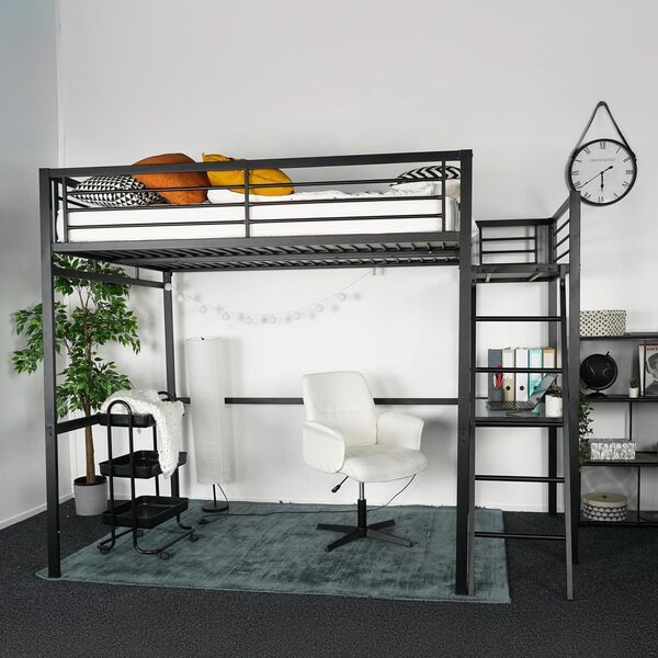 MEUBLE COSY Lit Mezzanine 2 Places 140x190cm avec Sommier à Lattes et Bureau en Verre et métal, Style Industriel, pour Enfant Chambre à Coucher Maison, Noir