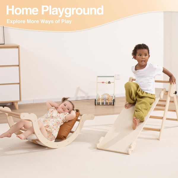 Giant bean Ensemble Triangle de Pikler Pliable avec Rampe Coulissante et Arche d'escalade, Jouets d'escalade en Montessori Bois 3-en-1 pour Tout-Petits à Intérieur, 1 Ans+