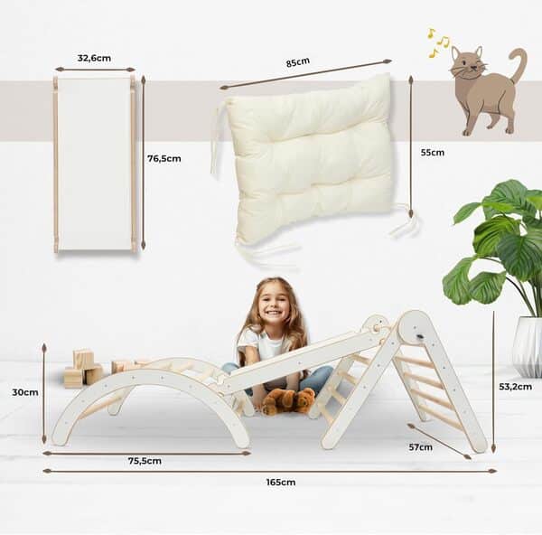 MAMOI® Structure d'escalade Triangle d'escalade Indoor 4 en 1 Set. Arche d'escalade Montessori avec Coussin, Aire de Jeux intérieure 1-3 Ans et Toboggan pour Enfants.