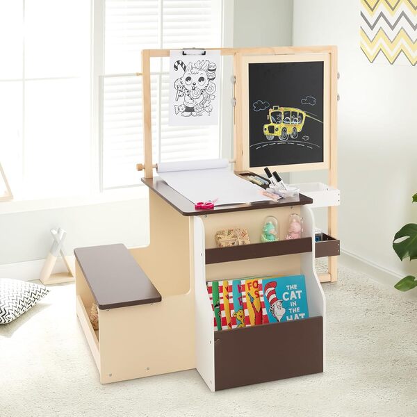 COSTWAY 2 en 1 Bureau Enfants en Bois avec Banc & Etagères, Tableau Enfant Double Face Réglable avec Rouleau de Papier & 5 Craies, Table à Dessin Enfants de 3 Ans+, Charge 50kg (Café)