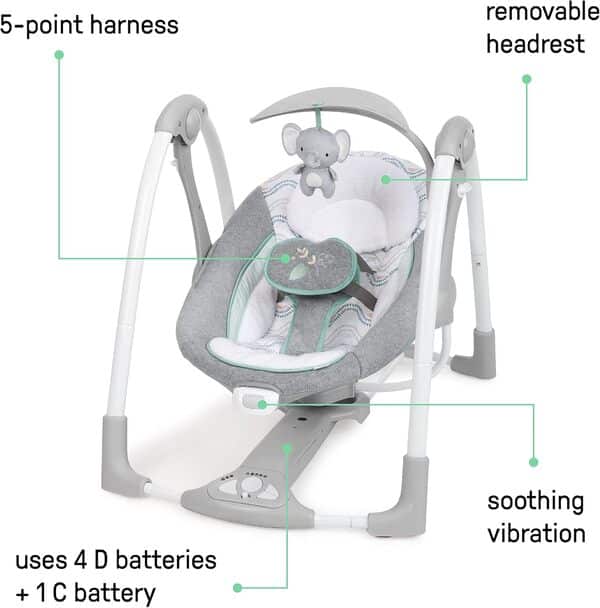 Ingenuity, Balancelle Compacte - Swell, 5 vitesses de balancement, vibrations apaisantes, 12 mélodies, 4 sons de la nature, arche de jeu, dès la naissance à 9 kg