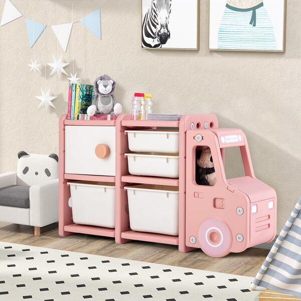 GOPLUS Meuble de Rangement Enfants, en Forme de Camion, Étagère de Rangement en PEHD pour Jouets et Livres, Organiseur de Jouets avec Bords Arrondis, pour Chambre d’Enfant, Jardin d’Enfant (Rose)