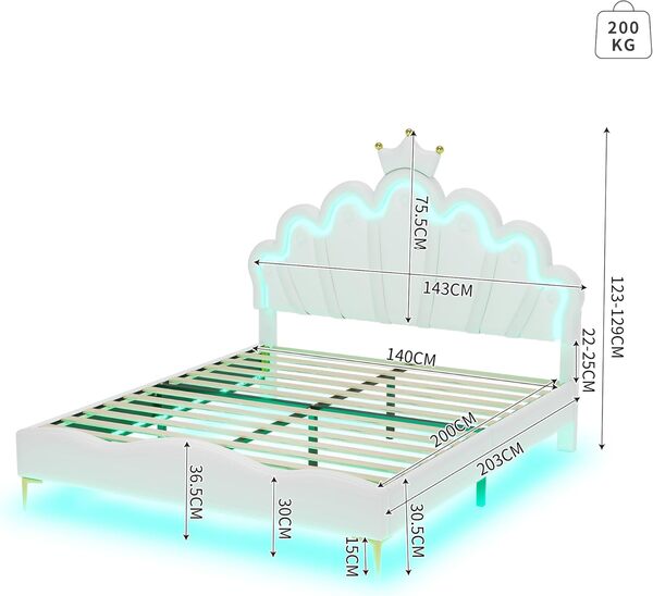 Sapgaks Lit rembourré avec Bande Lumineuse d'environnement LED réglable, lit de Princesse en Forme de Couronne,lit Enfant 140x200cm,Cadre de lit Simple avec sommier à Lattes,PU,Blanc