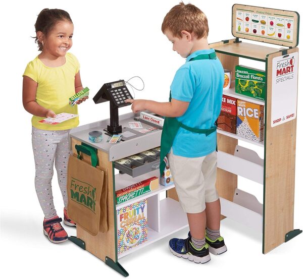 Melissa & Doug Épicerie en bois, Jouet supermarché avec une caisse, de l'argent, un scanner, etc, Jouet créatif montessori, Jeu d'imitation, Cadeau pour filles et garçons de 3 4 5 6 7 ans