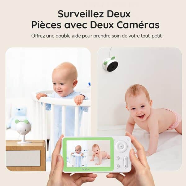 BOIFUN Babyphone 2 Cameras 1080P, 4,3”Écran Divisé Camera Bebe, APP et Moniteur Contrôle, Détection de Mouvement et de Son, Zoom 4X, Vision Nocturne Infrarouge Invisible, Alarme de Zone