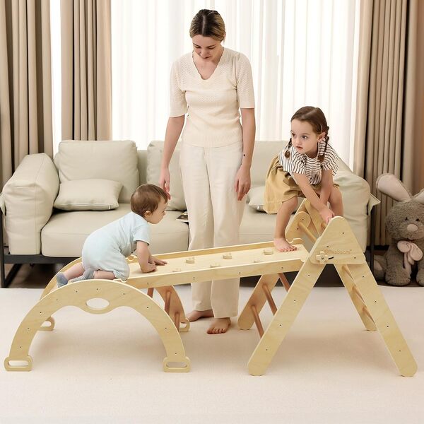 Mosebears Triangle d'escalade Montessori Enfants avec Rampe Double Face, Arc d'escalade Montessori en Bois Hêtre avec Toboggan & Échelle, Charge Max 60KG,pour Tout-Petits Bébé 1 Ans+