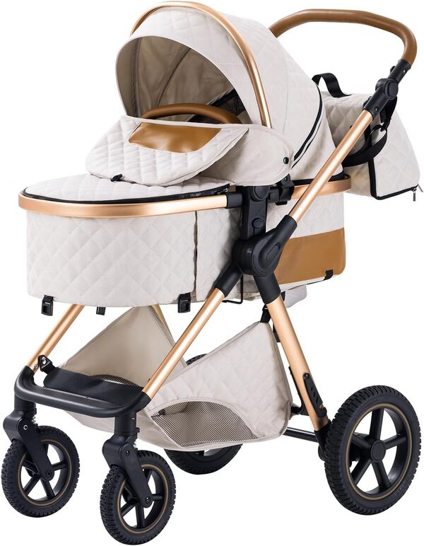 Poussette 3 en 1, Poussettes Combinée Portable Pliant en Un Clic，Poussettes Citadines Avec Siège Auto, Poussette Canne Paysage Haut Cadre en Aluminium Pour Nouveau-né