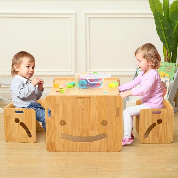 FUNLIO Montessori Table Enfant avec 2 Chaise pour bébés de 1 à 3 Ans. Table et Chaise Enfant Ajustables en Hauteur pour la Lecture, Les Repas et Le Jeu. Facile à Assembler, certifié CPC - Table Carrée