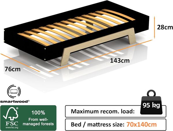 smartwood Lit Simple Puzzle 70x140 avec sommier à Lattes pour Adolescents - Meubles de Chambre d'enfant - Lit Enfant Montessori pour Garcons et Filles - Blanc - 70x140cm