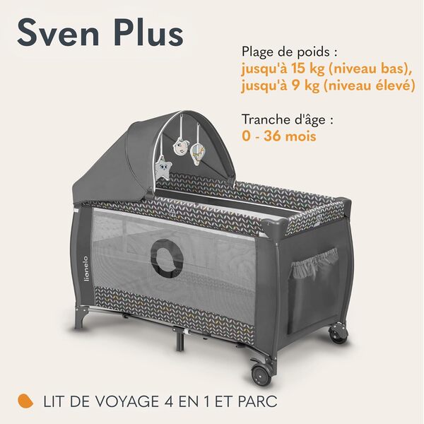 lionelo Sven Plus boîte 2 en 1 lit bébé, Table à Langer, Jouets, baldaquin Suspendu avec moustiquaire, entrée latérale supplémentaire Rouleaux, Mobiles, système LockGuard