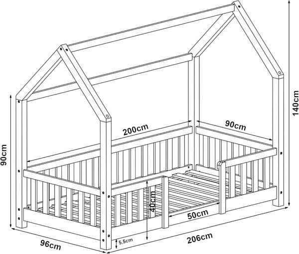 [en.casa] Lit d'enfant Design Forme Maison Construction Robuste Lit Cabane avec Grille de Protection Capacité de Charge 100 kg Bois de Pin Contreplaqué 200 x 90 cm Naturel