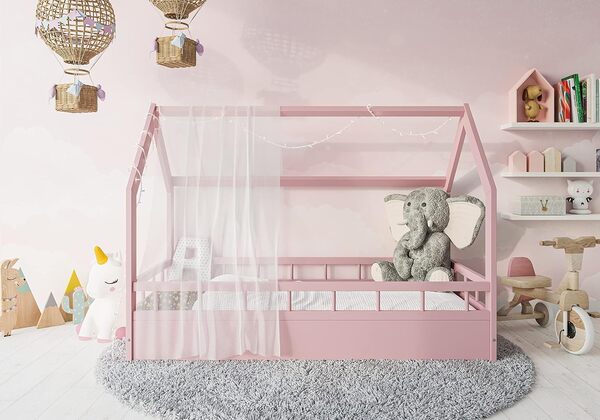 MS FACTORY Lit Enfant Bébé Maison 70x140 cm - Lit en Massif Cabane avec Protection Anti-retombée, Barrière Sécurité - Style Scandinave Montessori - Rose Barrières