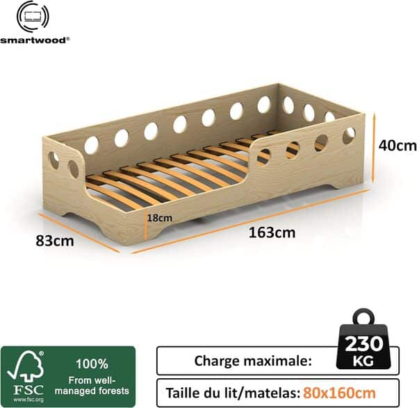 Lit Enfant 80x160 avec Sommier | Bois | Montessori Lit au Sol TILA 5L avec Barrière de Sécurité | Bois Naturel Certifié | Recommandé à partir de 3 Ans