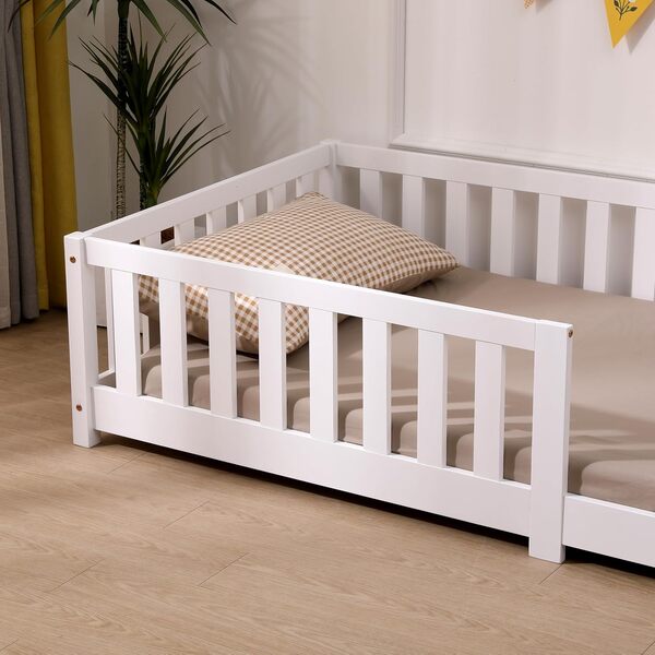 Lit pour Enfant avec Barriere de Securite et sommier à Lattes | 80x160 cm | Blanc | Lit Enfant Bois de pin Massif (Blanc, 80x160 cm)