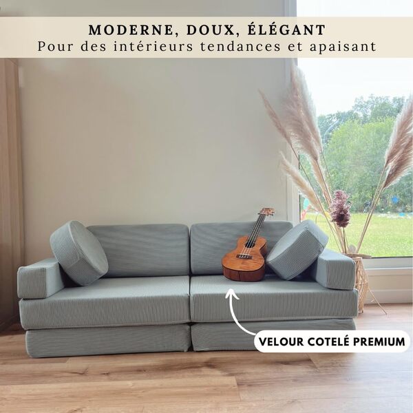 Canapé Enfant Convertible - Chauffeuse 2 Places Transformable en Lit d'Appoint, Aire de Jeu, Fauteuil, Matelas de Sol - Idéal Cadeau Enfants - Possibilités de Jeux Infinies (Bleu-Vert, 2 Places)