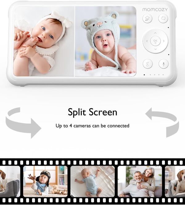 momcozy Babyphone avec 2 caméras, écran divisé 5’’ 1080P, Audio et vidéo, sans WiFi, Batterie 5000mAh, Vision Nocturne Infrarouge, Audio bidirectionnel, portée 960ft