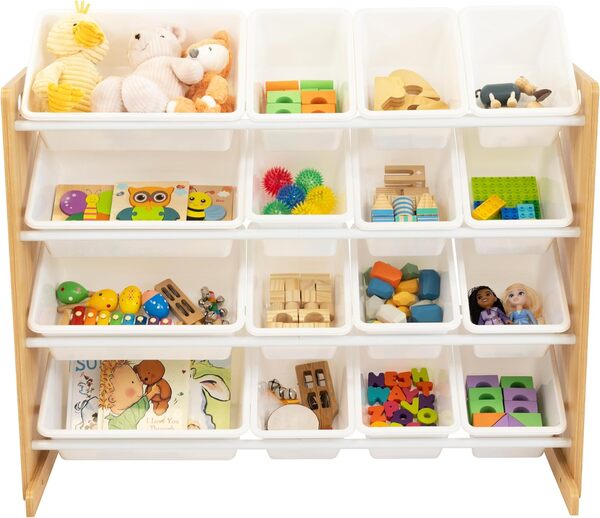 Humble Crew WO166 Étagère pour Enfants - Organisateur de Jouets avec 16 Bacs de Rangement, Naturel/Blanc