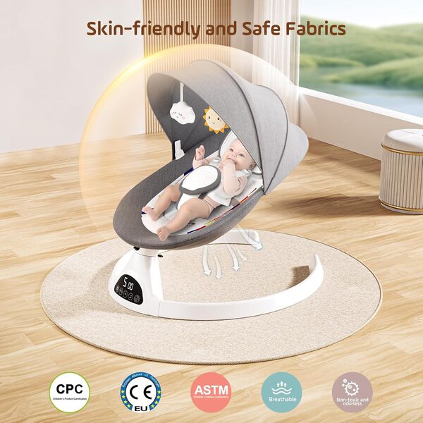 Biebuxo Balancelle bebe electrique,Transat bébé avec wireless pour contrôle APP,chaise avec harnais de sécurité à 5 points avec 5 vitesses de balancement pour nouveaux-nés garçons filles (Grey)