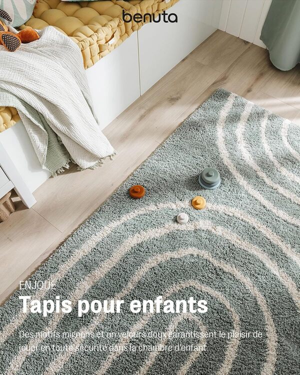 benuta lytte Gobi Tapis pour enfant - Fibre synthétique - Rectangulaire et style : motifs pour enfants, rayures, Scandi Living - Facile d'entretien pour le salon, la chambre à coucher, bleu, 140 x 200