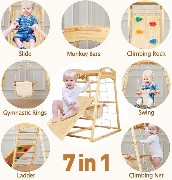FUNLIO 7 en 1 Aire de Jeux Intérieure en Bois pour Enfant de 2 à 5 Ans, Triangle d'escalade Montessori pour Bebe avec Balançoire/Toboggan/Rocher Filet/échelle/Barres de Singe/Anneaux de Gymnastique