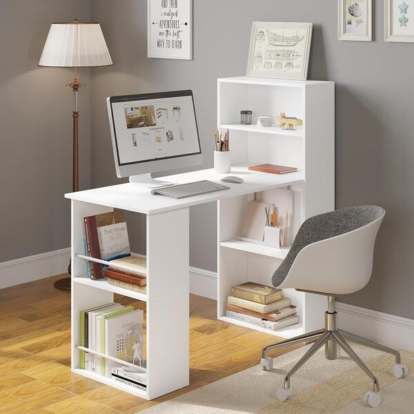 eSituro Bureau avec Rangement, Bureau Informatique Blanc avec 6 Étagères, Table PC pour Travailler Étudier et Chambre Ado, Style Scandinave, 122x55x120cm