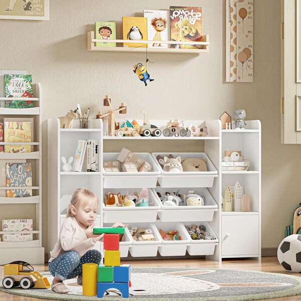 FOREHILL Meuble de Rangement Jouets Enfant Bibliothèque Enfant avec 8 Boîtes Amovibles 9 Étagères Organisateur de Jouets pour Chambre d’Enfant Salle de Jeu Blanc