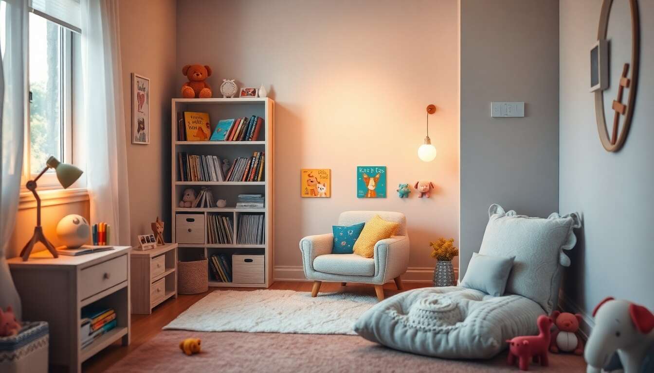 Espace lecture apaisant dans une chambre d’enfant