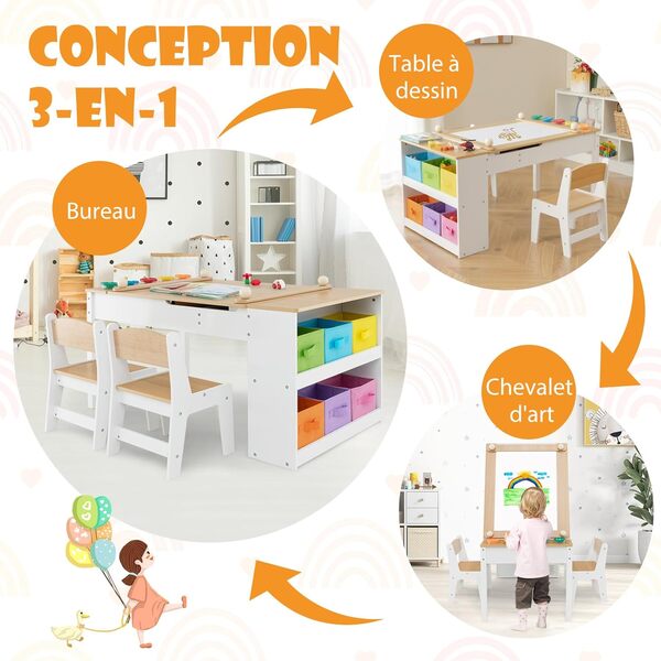 COSTWAY 2 en 1 Table Enfant avec 2 Chaises & Plateau Inclinable, Bureau Enfants en Bois avec 6 Boîtes de Rangement & Rouleau de Papier, Charge 91/75kg pour Jouer Dessiner Manger (Naturel)