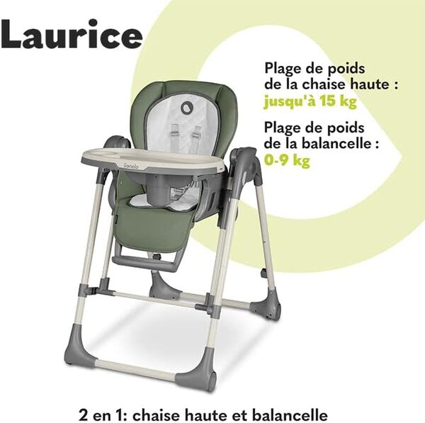 LIONELO Laurice Transat Chaise Haute Bébé Evolutive de 6 à 36 mois (15 kg) 2 en 1 avec Fonction de Balancelle (9 kg), 5 niveaux de hauteur, Réglage du Dossier et du Repose-pieds (Olive)