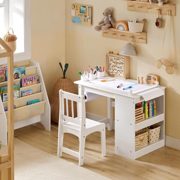 SoBuy Table Enfant avec Chaise Ensemble 2 Pièces Table et Chaise pour Enfant Bureau avec 2 Étagères Porte-Papier et Rangements Stylos Blanc 80x54x65,5 KMB60-W