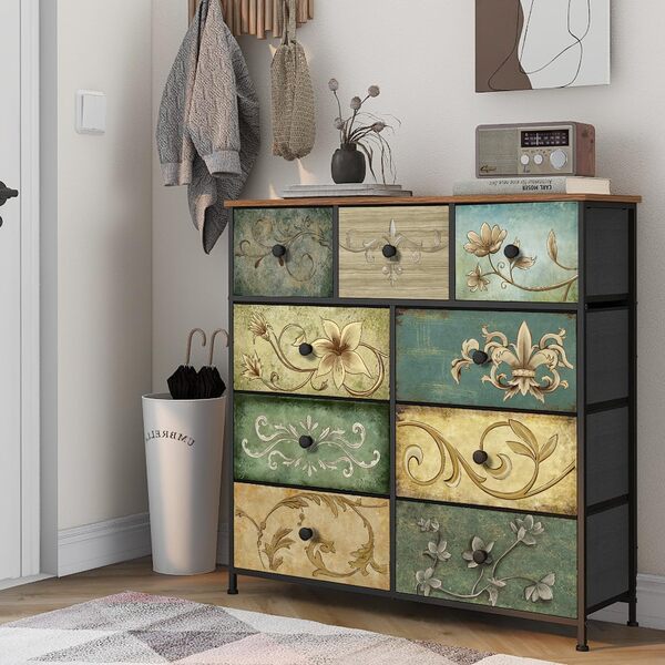 VEDECASA Commode à 9 tiroirs pour chambre, armoire industrielle, cadre en métal, plateau en bois, tiroirs en tissu, pour salon, chambre d'enfant, couloir, rustique