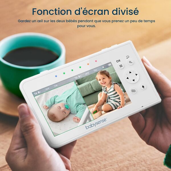 Babysense Moniteur Vidéo pour Bébé, Babyphone avec Écran Divisé 4,3“ et 2 Caméras, Veilleuse Réglable, Conversation Audio Bidirectionnel, Fonction PTZ, Longue Portée, Vision Nocturne, Berceuses