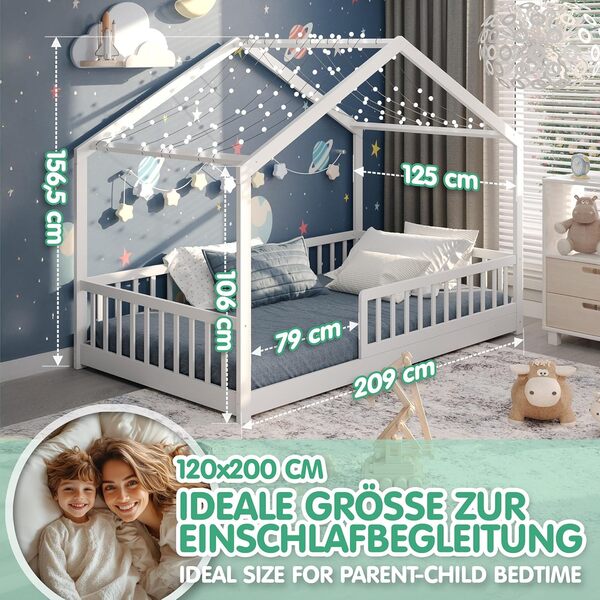 CADANI Malte Lit au Sol Lit Maison pour Enfants 120x200 cm Blanc, Barrière de sécurité, Design Montessori, Transformable, Bois Massif, sommier Inclus