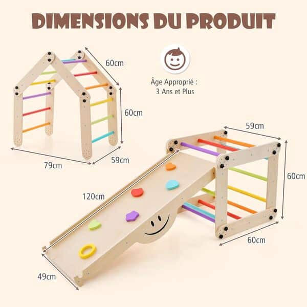 GOPLUS 7 en 1 Triangle Escalade Enfant Montessori en Bois avec Échelle Modulable, Rampe d'escalade Réversible, Toboggan, Bascule, Tabouret Intérieur pour 1 an+, Charge 60KG (Multicolore)