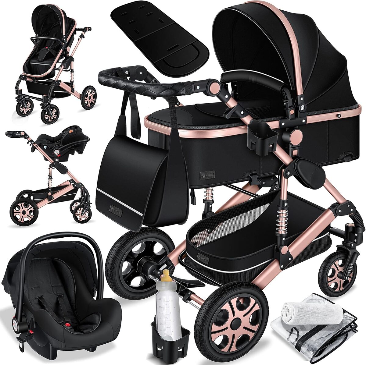 Test : poussette combinée 3en1 KESSER® noir/or rose
