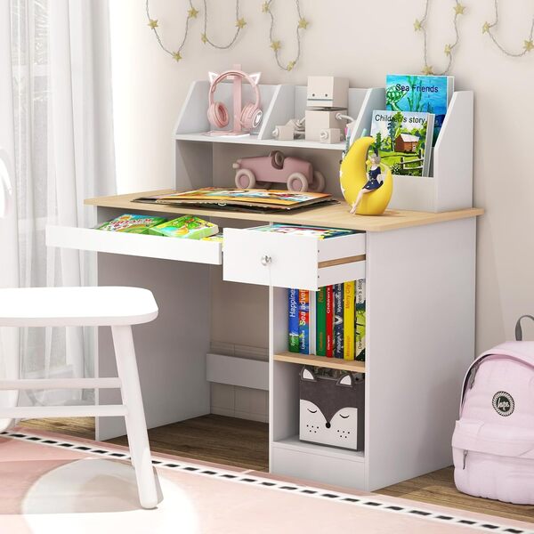 COSTWAY Bureau Enfants en Bois avec Etagères & Niche, Bureau d'Etude Enfants avec Plateau à Clavier, Dispositif Anti-basculement & Patins Antidérapants, Charge 100kg, 90x45x90cm (Naturel)
