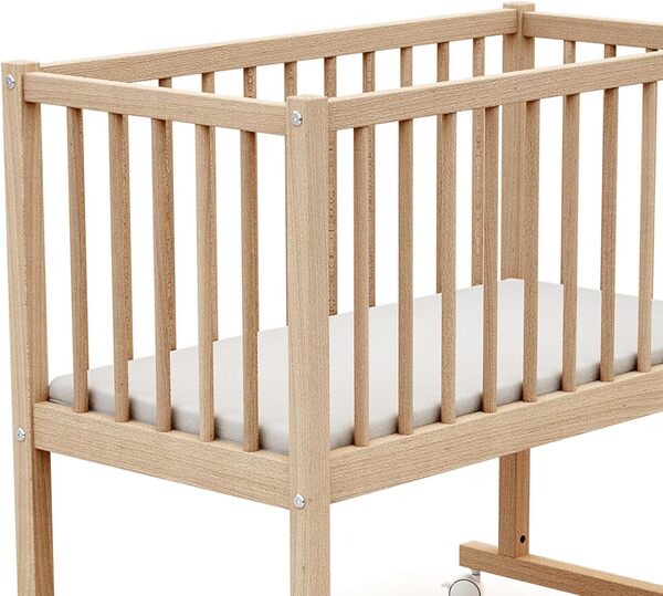 AT4 - Berceau 40x80 ESSENTIEL Hêtre Brut| 86 x 58,5 x 80 cm | Matelas inclus 40x80x5cm | 4 roues multidirectionnelles | Facile à déplacer