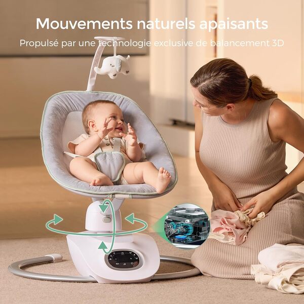 Momcozy CocoSway Balancelle Électrique pour Bébé et Tout-Petit, Mouvements 3D, 6 Modes & 4 Vitesses, Télécommande, 8 Berceuses, Jusqu'à 9 kg