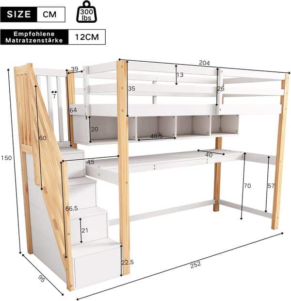 Merax Lit Mezzanine 90 x 200 cm, avec Grand Bureau et Escaliers de Rangement, Lit Enfant avec Étagères de Stockage, pour Garçon et Fille, Blanc et Bois (sans Matelas)